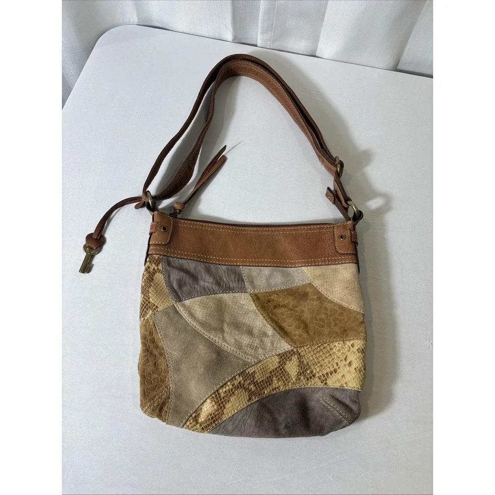 VTG Fossil Suede/Leather Snake Patchwork Shoulder Crossbody HOBO Bag Purse‎ BOHO